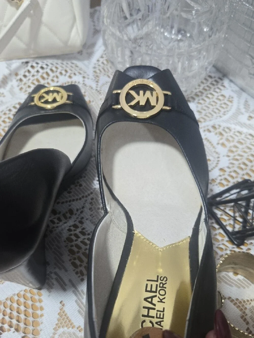 Michael Kors Black Peep-Toe Wedge with Gold MK Emblem
